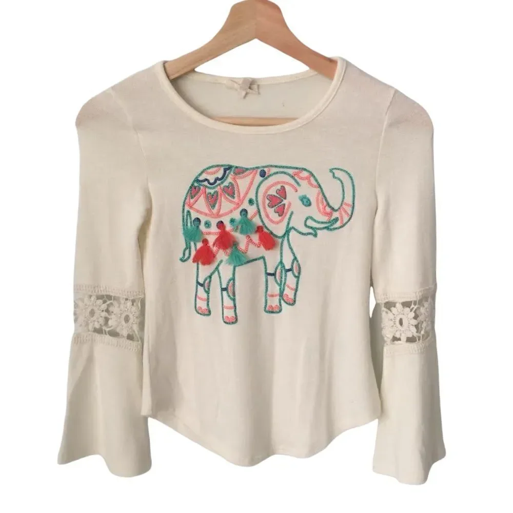 Self Esteem Boho Bell Sleeve with Embroidered Elephant Pattern Blouse in Size XS